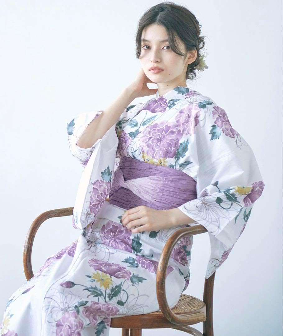 大人の浴衣　京藤色の菊重ね　1人で着られる Amazon.co.jp: 完売 京藤色の菊重ね 1人で着られる 浴衣 5点